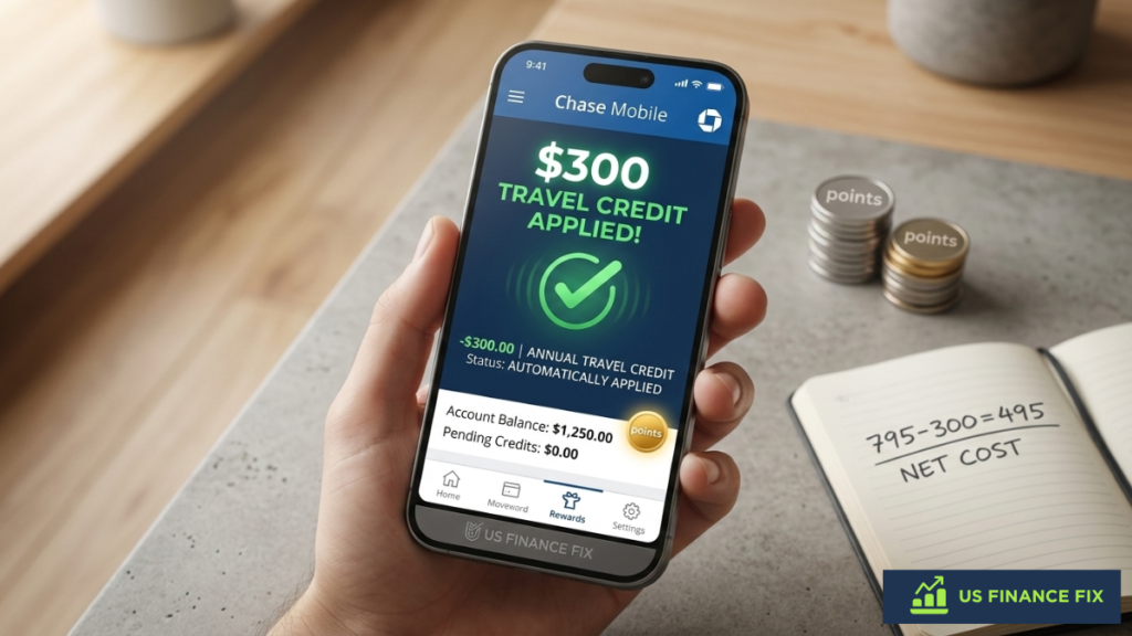 Smartphone showing $300 Chase Sapphire Reserve travel credit automatically applied in a mobile banking app.