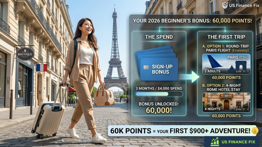 US Finance Fix photographic visualization of how 60,000 travel points bonus translates to a 2026 first trip to Europe.