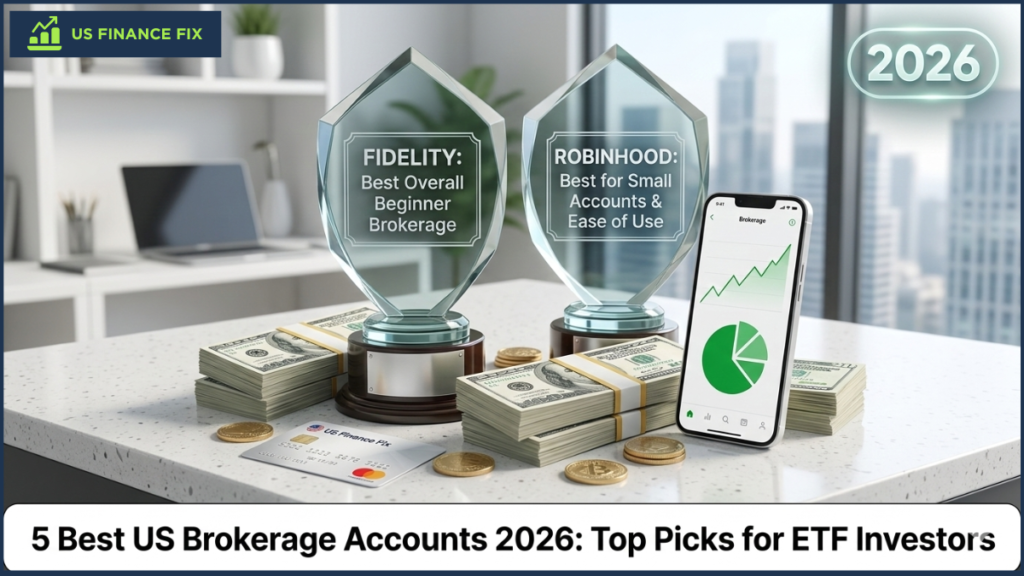 A clean visual comparison of best brokerage accounts 2026 in US represented by abundant cash, gold, and a rising ETF chart and awards for top brokers.
