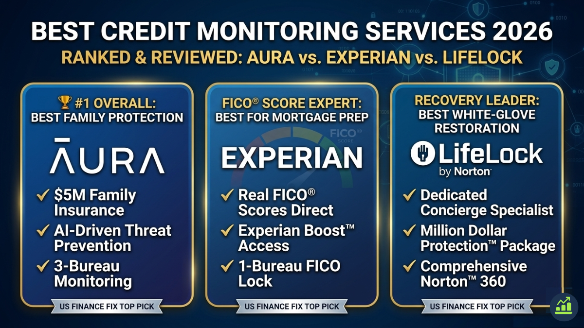 16:9 featured image graphic comparing the best credit monitoring services of 2026 for US Finance Fix. It features Aura (Best All-in-One Security), Experian (Best for FICO Scores), and LifeLock (Best for Restoration) on separate cards with gold checkmarks and a prominent 'RANKED & REVIEWED' banner.