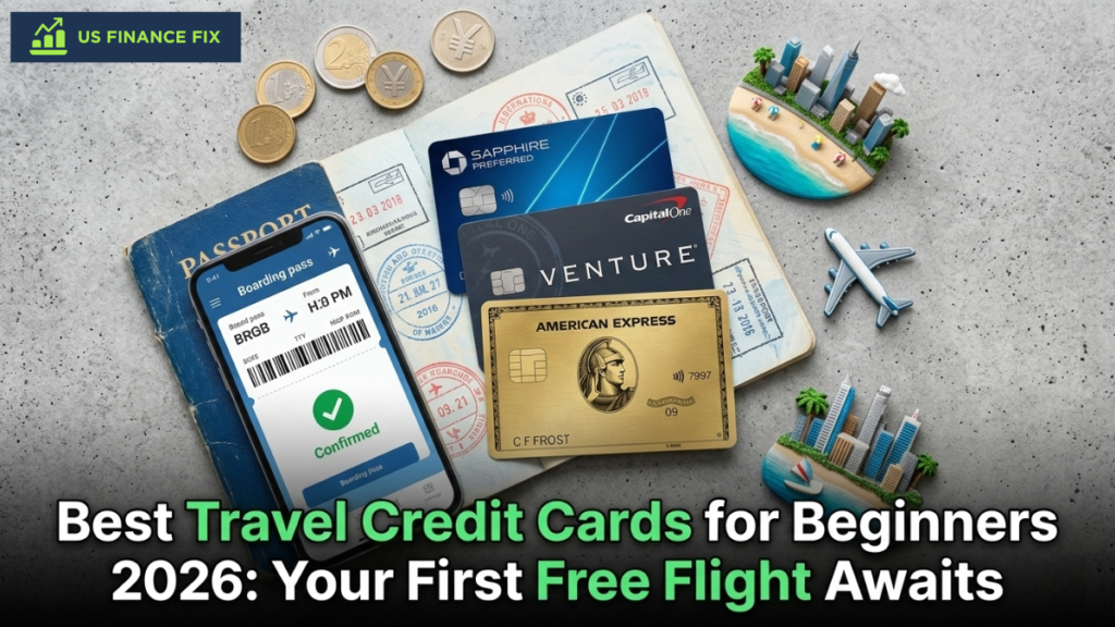US Finance Fix beginner travel credit card flat lay featuring Chase Sapphire Preferred, Amex Gold, and Capital One Venture - the best travel credit cards for beginners 2026.