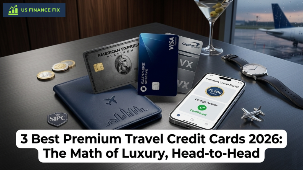 US Finance Fix luxury travel credit card flat lay featuring Chase Sapphire Reserve, Amex Platinum, and Capital One Venture X - the best premium travel credit cards in US 2026.