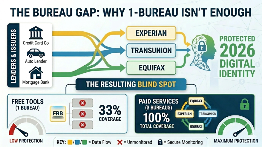 Infographic showing the "Bureau Gap" for US Finance Fix, comparing 1-bureau (33% coverage) to 3-bureau (100% total coverage) credit monitoring for maximum protection.