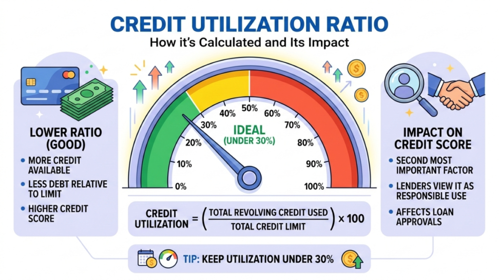 An illustration on How to Calculate Your Credit Utilization Ratio depicting credit utilization meter and why low credit score matters