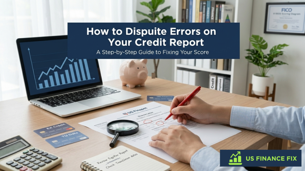 An illustration by US Finance Fix on How to Dispute Errors on Your Credit Report depicting a man circling errors on his report with an open laptop and 2 credit cards on a table