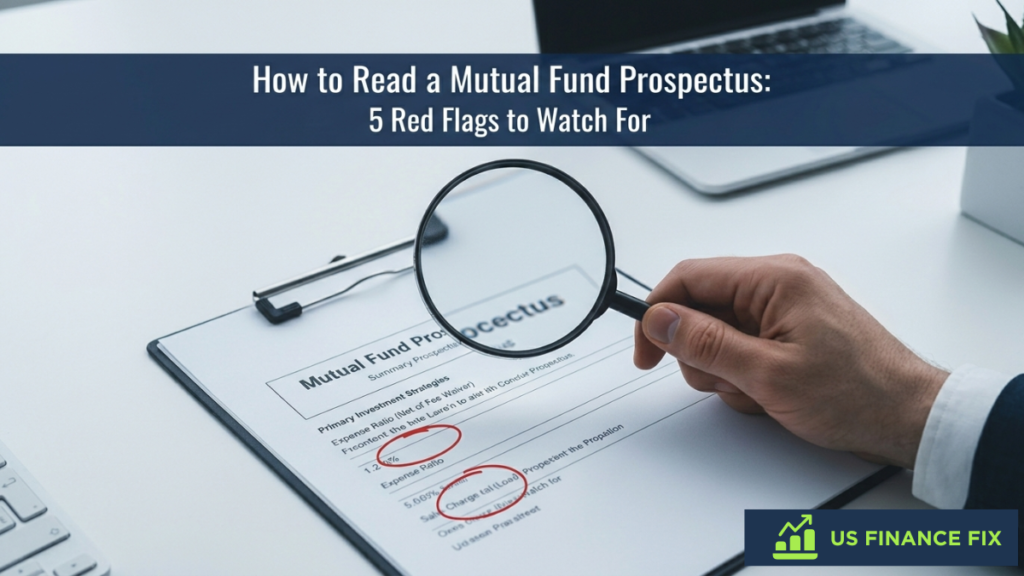 An illustration by US Finance Fix on How to Read a Mutual Fund Prospectus depicting a man using a magnifying glass to read the terms and circling important things