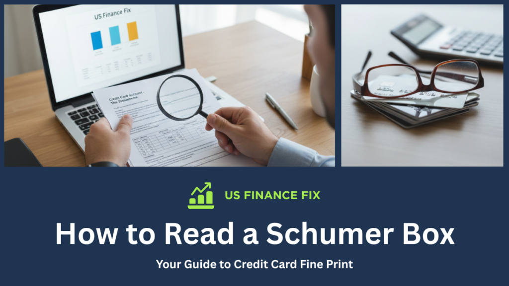 An illustration on How to Read a Schumer Box depicting a man analyzing credit card form with a magnifying glass