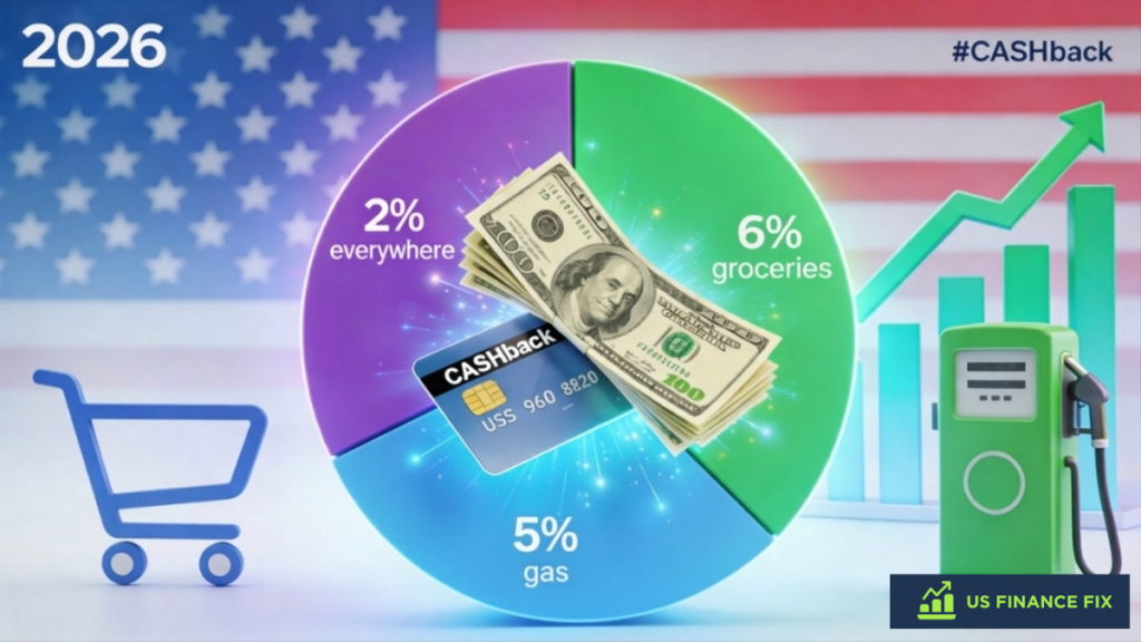 2026 cash-back strategy infographic for US Finance Fix showing a pie chart with 6% groceries, 5% gas, and 2% everywhere rewards.