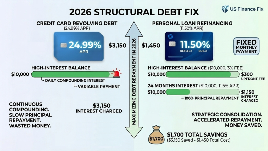 US Finance Fix infographic comparing 2026 debt repayment math with $1700 saved with debt consolidation.