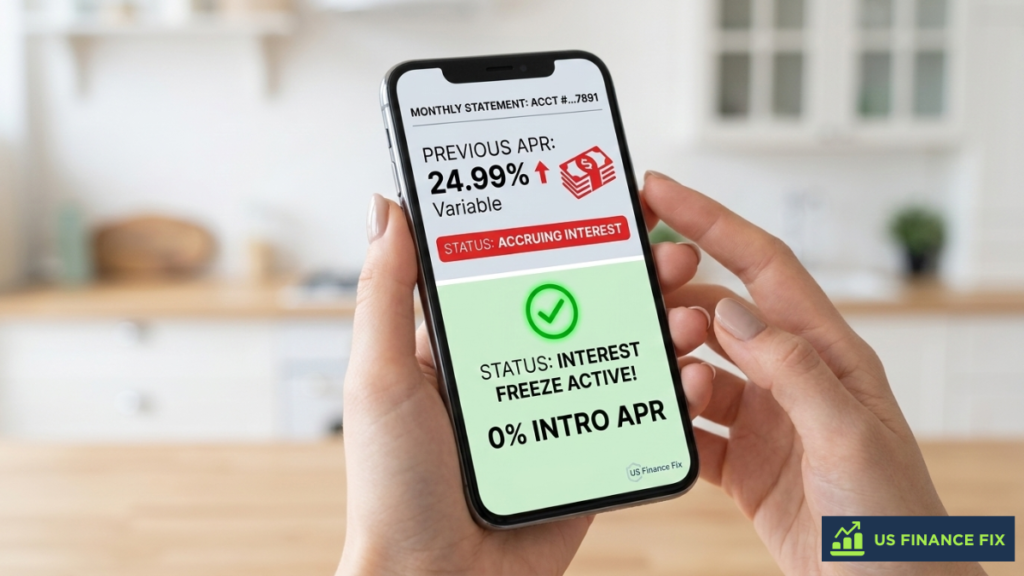 US Finance Fix illustration on 0% APR Balance Transfer guide with the 2026 'Interest Freeze' strategy on a smartphone screen showing a transition from 24.99% APR accruing interest to 0% intro APR active.
