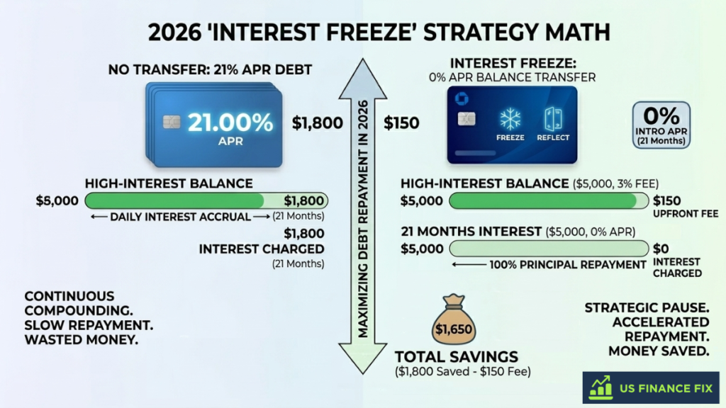US Finance Fix infographic visualizing the 2026 'Interest Freeze' balance transfer strategy math comparing $1800 in interest at 21% APR vs $1650 saved with 0% interest freeze strategy.