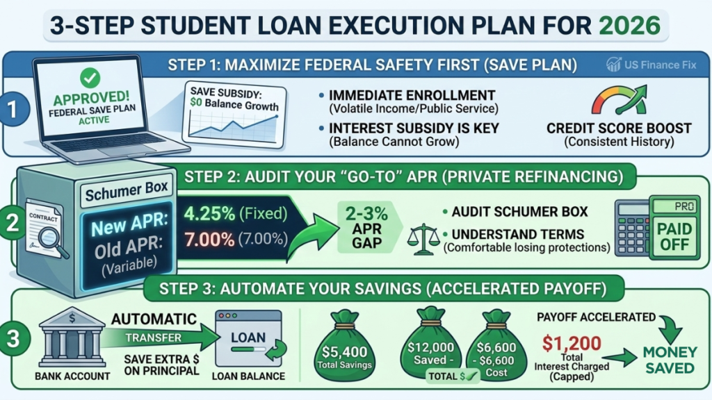 Infographic showing 3 steps to student loan repayment: Maximize SAVE Plan, Audit Private APR, and Automate Savings.