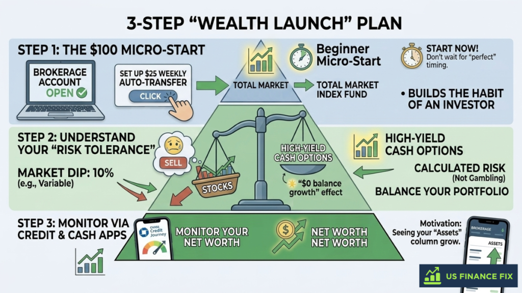 Infographic of Alex’s 3-Step Wealth Launch Plan: Micro-starts, risk tolerance, and net worth monitoring.