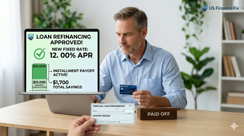 US Finance Fix featured image on personal loans vs credit card refinancing illustrating the 2026 'Structural Debt Fix' victory.