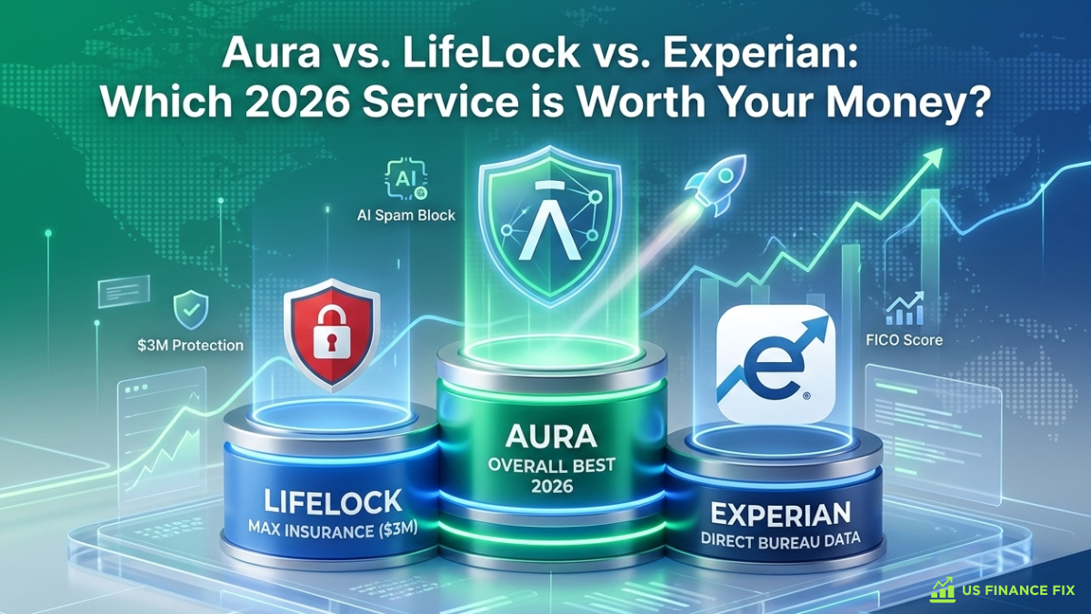 Aura vs LifeLock vs Experian 2026. 2026 US Finance Fix comparison showing Aura on a champion's podium as the best identity theft protection, with LifeLock and Experian on lower tiers.
