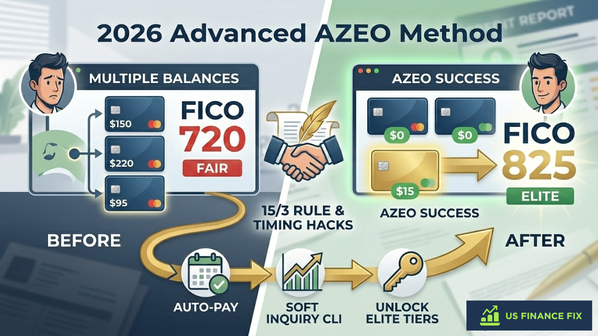 Visual guide to the AZEO method and 15/3 rule showing a FICO score boost from 720 to 825 by optimizing credit card balances.