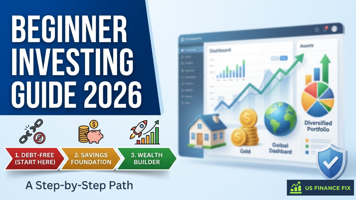 Beginner investing guide 2026 infographic for US Finance Fix, visually illustrating the journey from a 'Debt-Free (Start Here)' stage to a 'Savings Foundation' and finally 'Wealth Builder' (Green), pointing to a rocket launching. The graphic features a large 'Beginner Investing Guide 2026' title and a sub-title: 'A Step-by-Step Path'.