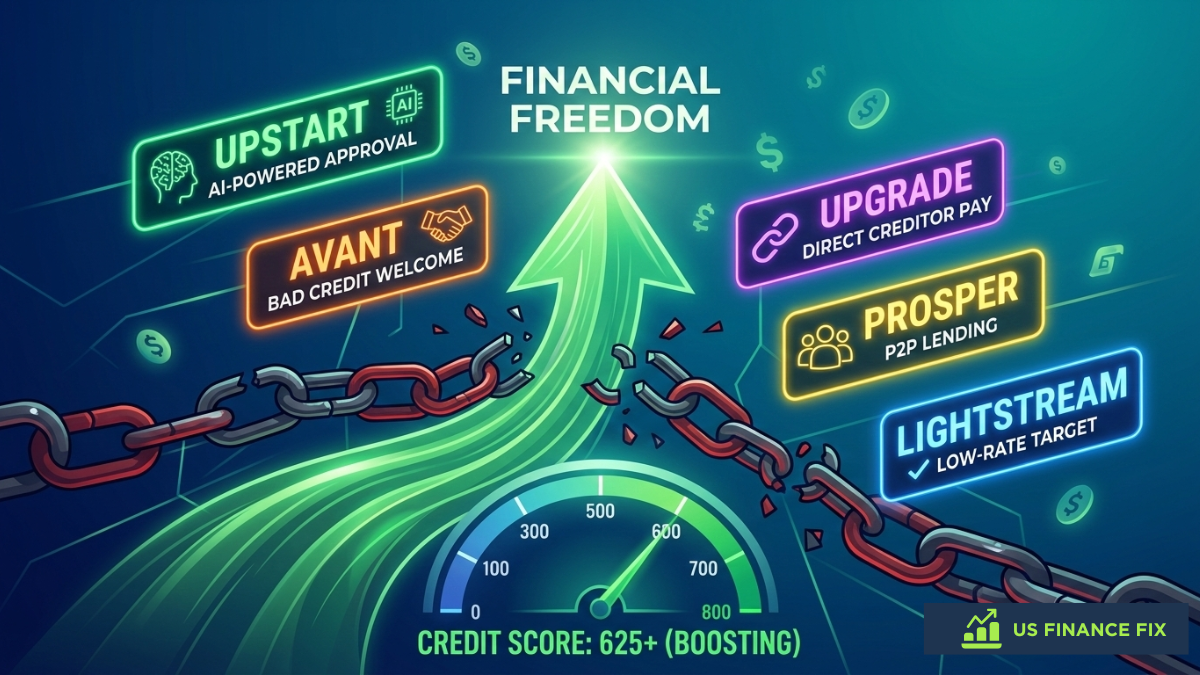Infographic showing 5 best debt consolidation loans for bad credit - Upstart, Avant, Upgrade, Prosper, and LightStream - on a path to financial freedom.