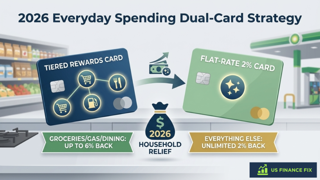 US Finance Fix dual-card strategy infographic for Best Everyday Spending Credit Cards showing a 6% tiered rewards card for groceries and gas paired with a 2% flat-rate card.