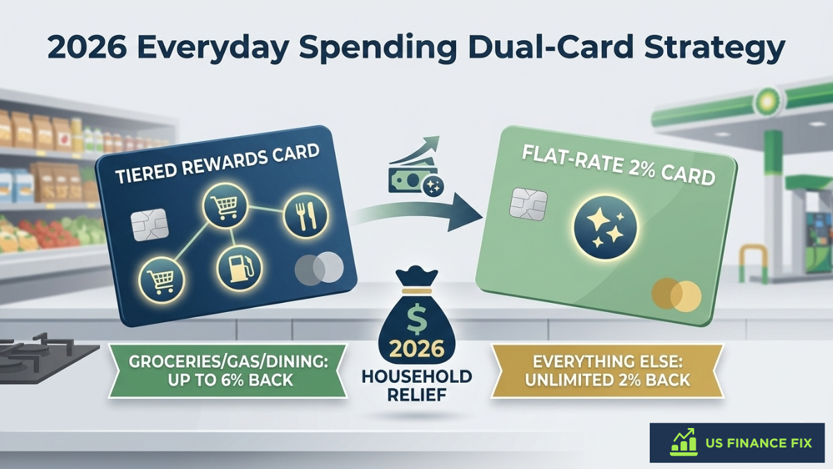 US Finance Fix dual-card strategy infographic for Best Everyday Spending Credit Cards showing a 6% tiered rewards card for groceries and gas paired with a 2% flat-rate card.