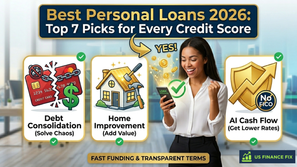16:9 featured image for US Finance Fix, titled 'BEST PERSONAL LOANS 2026: TOP 7 PICKS FOR EVERY CREDIT SCORE'. It visually illustrates the emotional 'Joy of Approval' with a woman celebrating an 'APPROVED' status on her phone, highlighting the three primary 2026 problems the guide solves with prioritized icons and minimal text: 1. Debt Consolidation (broken chains), 2. Home Improvement (glowing house), and 3. AI Cash Flow Underwriting (No FICO shield).