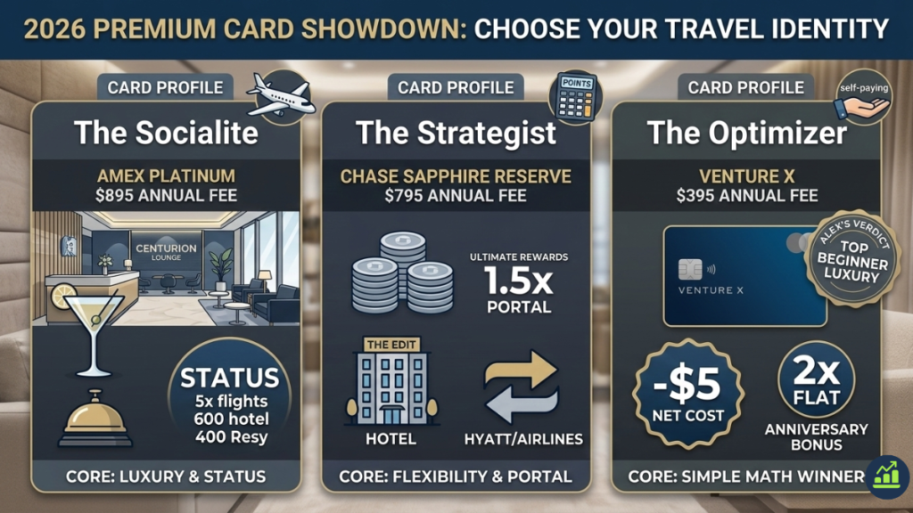 2026 premium travel credit card comparison on US Finance Fix: Amex Platinum, Chase Sapphire Reserve, and Capital One Venture X.