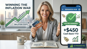 US Finance Fix photograph showing a woman winning the inflation war with $450 YTD cash-back using the best cash-back credit cards.