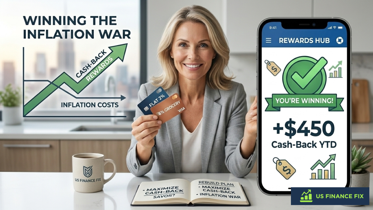 US Finance Fix photograph showing a woman winning the inflation war with $450 YTD cash-back using the best cash-back credit cards.