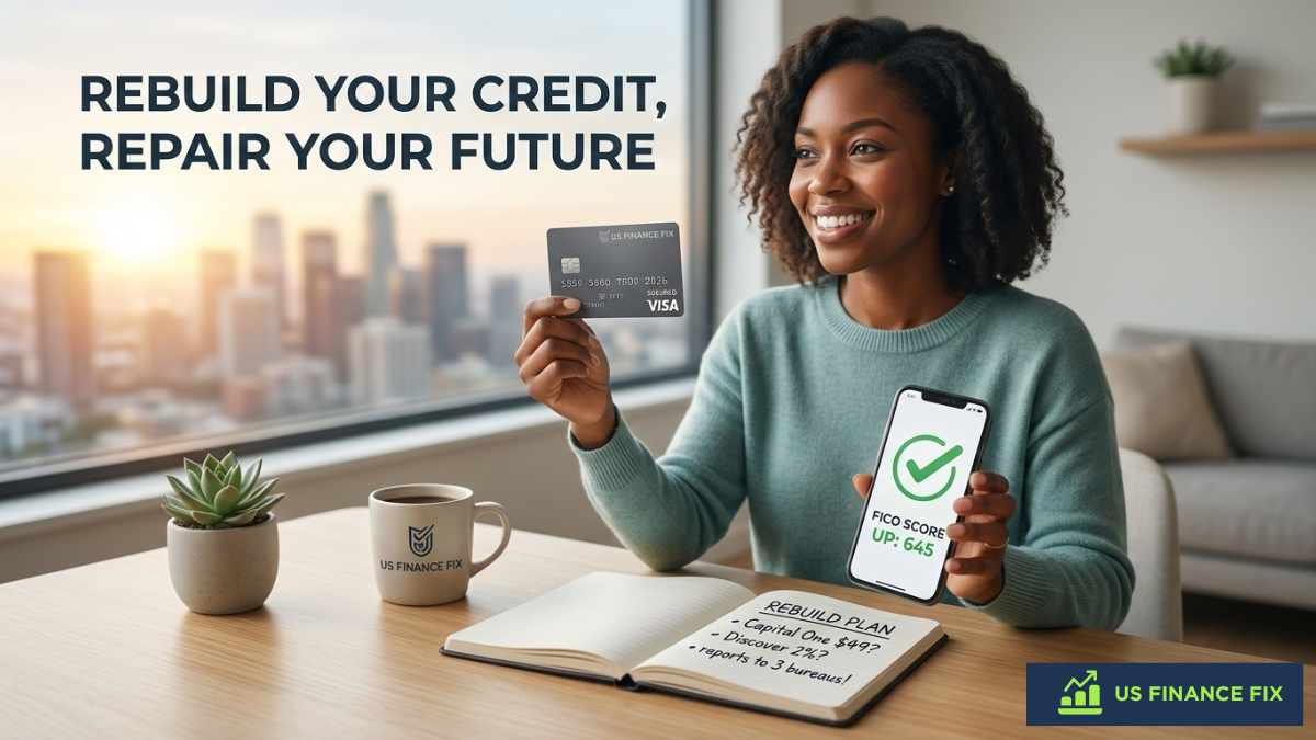 US Finance Fix photograph on best credit cards for rebuilding credit showing a woman holding a secured credit card alongside her smartphone with a FICO 645 'Score Up' message.