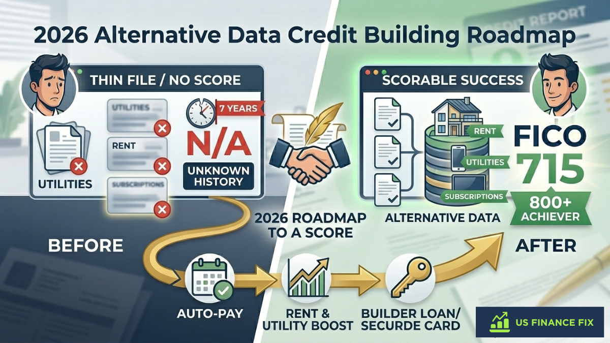 2026 infographic on building credit from scratch roadmap showing how to use alternative data like rent and utilities to reach a 715 FICO score.