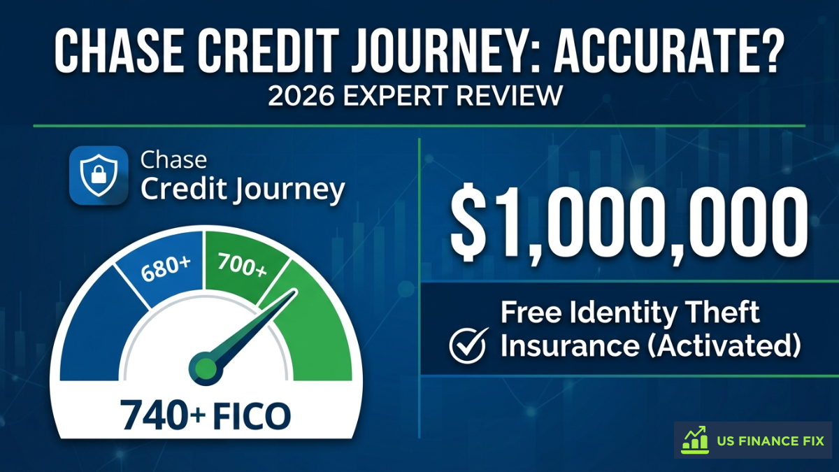 2026 Chase Credit Journey review graphic comparing VantageScore 3.0 accuracy to 740+ FICO goals and highlighting the free $1M identity theft insurance activation.