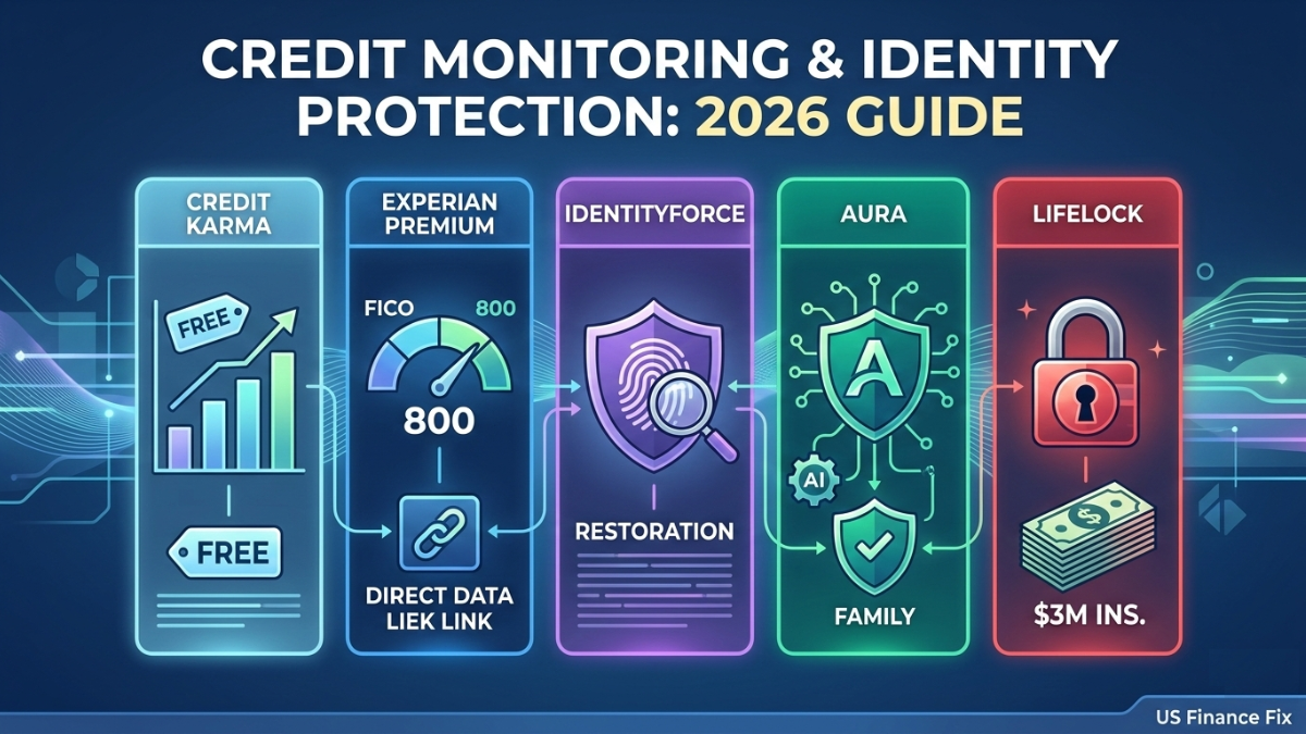 An illustration by US Finance Fix on Credit Karma vs Experian vs IdentityForce vs Aura vs LifeLock 2026 Comparison