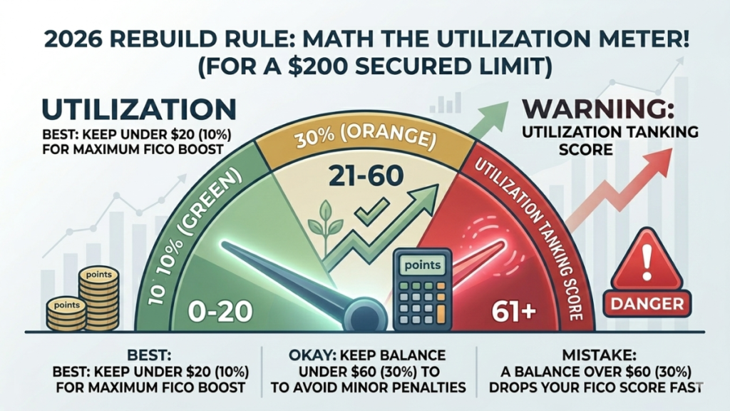 US Finance Fix credit utilization speedometer showing 10% (under $20), 30% (under $60), and 'WARNING' zones on a $200 secured card.