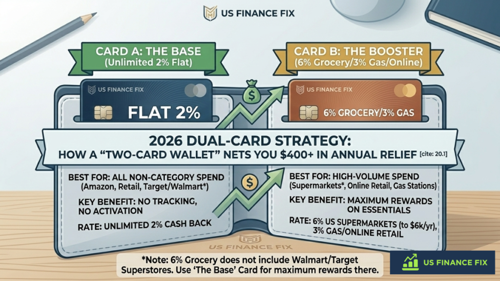 US Finance Fix infographic showing a two-card wallet strategy to net $400 annual cash-back using a 2% base card and a 6% grocery booster.