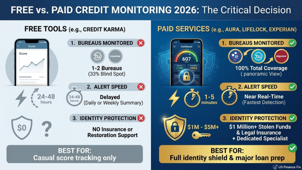 16:9 comparison infographic for US Finance Fix, titled 'FREE vs. PAID CREDIT MONITORING 2026: The Critical Decision'. It visually contrasts 'FREE TOOLS' showing 'DELAYED (Daily or Weekly)' and 'NO Insurance' against 'PAID SERVICES' offering 'Near Real-Time (1-5 minutes)' alerts and '$1M - $5M+' in Identity Theft Insurance.