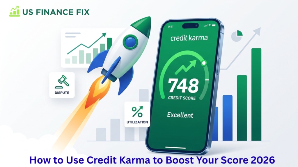 Illustration of a rocket and mobile screen displaying How to Use Credit Karma to Boost Your Score in 2026