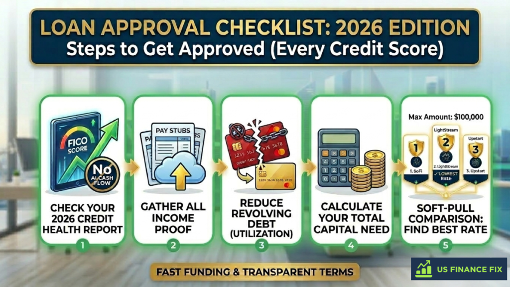 16:9 infographic for US Finance Fix, titled 'LOAN APPROVAL CHECKLIST: 2026 EDITION'. It visually summarizes the guide's five pathways with prioritized icons: 1. Credit Report, 2. Income Proof, 3. Reduce Debt, 4. Total Capital Need, and 5. Soft-Pull Comparison, illustrating the automated and high-income potential for wealth building.