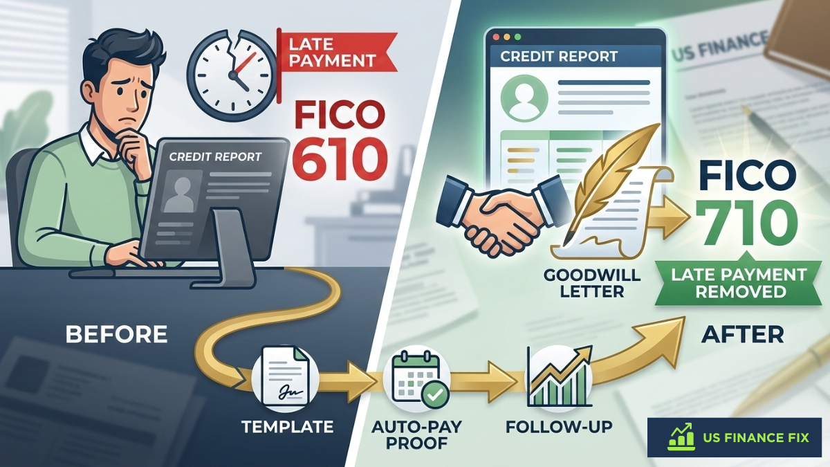 Infographic showing the 2026 Goodwill Letter strategy on how to remove late payments from credit report and increase a FICO score from 610 to 710.