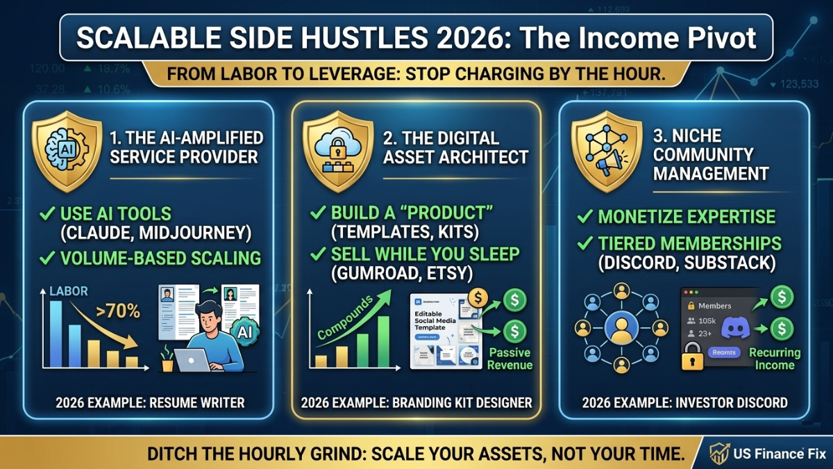 16:9 Featured image graphic for US Finance Fix, titled 'SCALABLE SIDE HUSTLES 2026: The Income Pivot'. It visually breaks down three scalable pathways: AI Services (Resume Writer example), Digital Assets (Branding Kit example on Etsy), and Niche Community Management (Investor Discord example), all highlighting the 'Volume-Based Scaling' and 'Recurring Income' models for 2026.