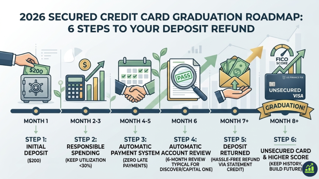US Finance Fix 6-step secured credit card graduation roadmap from a $200 deposit to a higher FICO score.
