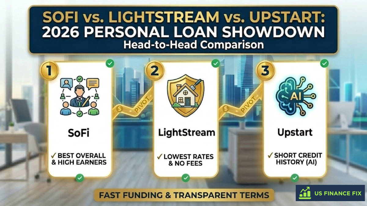 16:9 featured image for US Finance Fix, titled 'SOFI vs. LIGHTSTREAM vs. UPSTART: 2026 PERSONAL LOAN SHOWDOWN'. It visually summarizes the guide's top choices with prioritized icons: SoFi (Excellent, Career), LightStream (Low Rate, Home Improvement), and Upstart (AI, Thin-FICO), illustrating the 'Soft-Pull' Method to see personalized March 2026 APR without a hard inquiry.