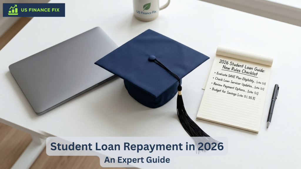 Graduation cap and debt-free checklist on a modern white desk representing student loan repayment in 2026 rules.