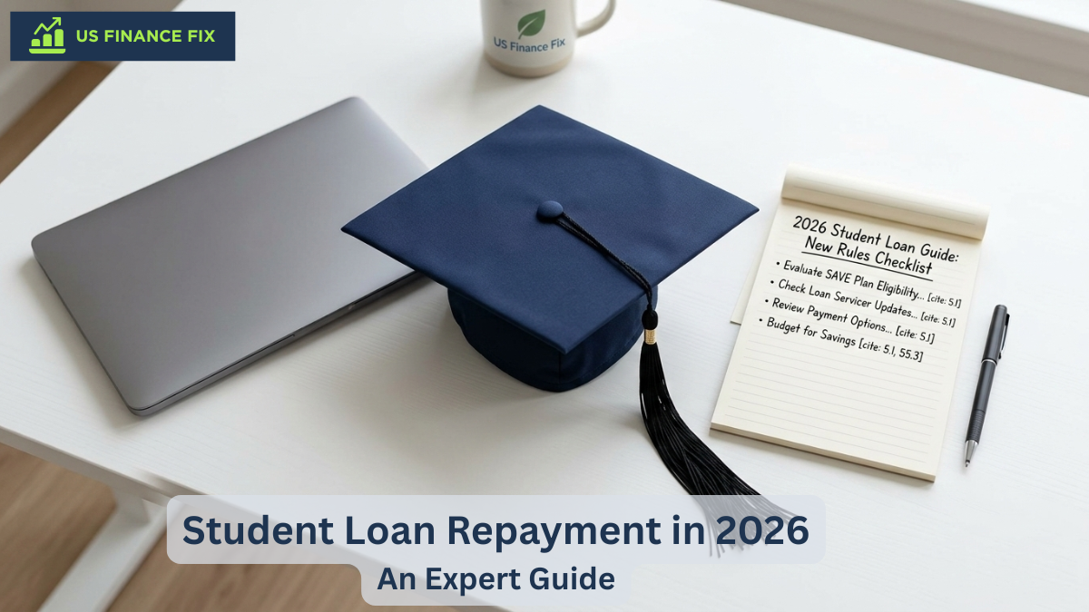Graduation cap and debt-free checklist on a modern white desk representing student loan repayment in 2026 rules.