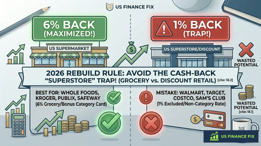 US Finance Fix infographic comparing 6% cash-back at supermarkets versus the 1% "superstore trap" at discount retailers.